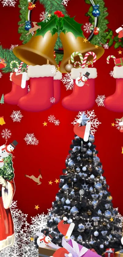 Christmas wallpaper with Santa, stockings, and snow on a red background.