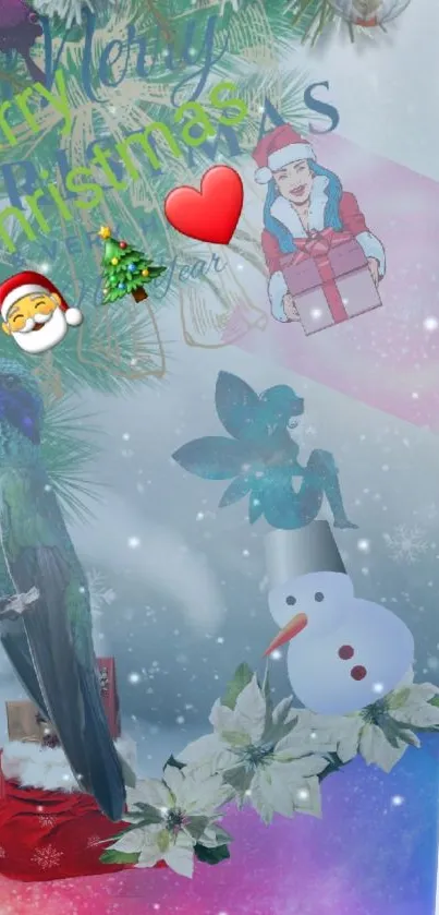 Christmas themed phone wallpaper with Santa, snowman, and hummingbird.