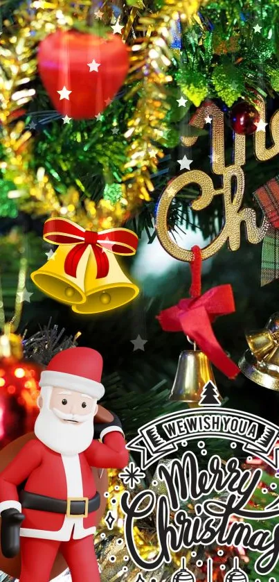 Christmas-themed mobile wallpaper with Santa and festive ornaments.