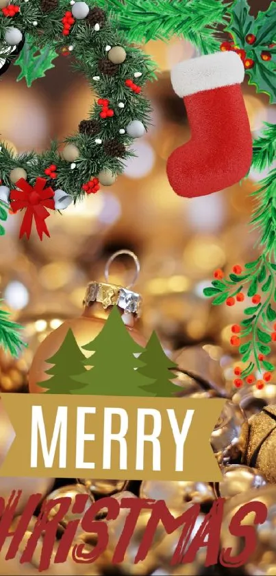 Festive Christmas phone wallpaper with wreath and decorations.