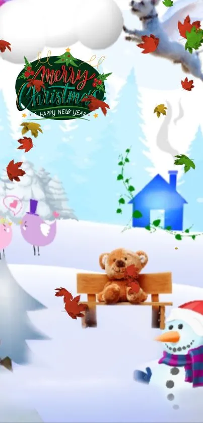 Christmas-themed phone wallpaper with a snowman and festive elements.
