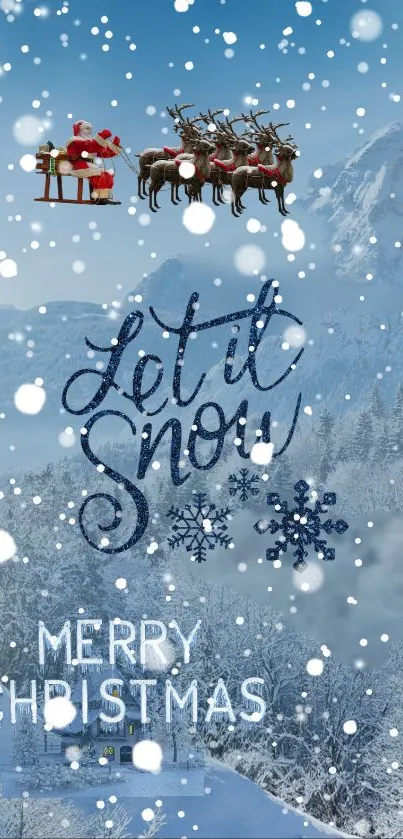 Festive Christmas wallpaper with snowy mountains and Santa's sleigh.
