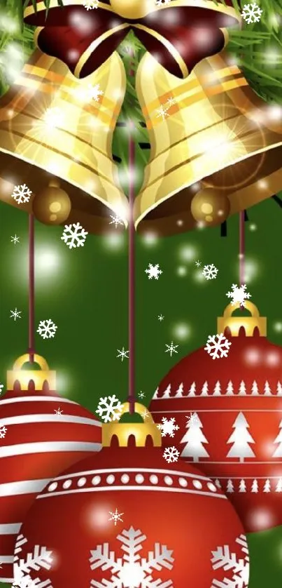 Christmas wallpaper with golden bells and red ornaments.