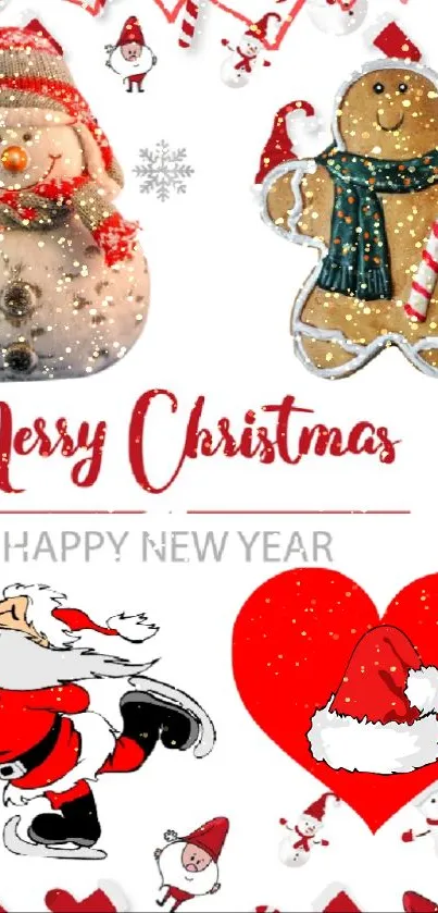 Festive Christmas wallpaper with Santa, snowman, and gingerbread man.