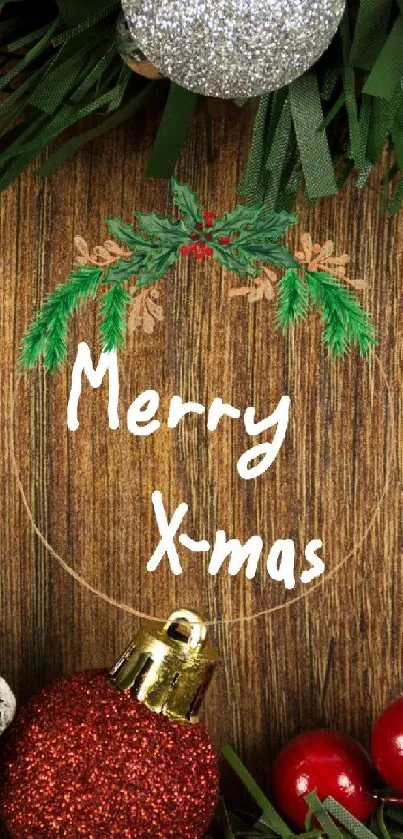 Festive Christmas wallpaper featuring decorations and Merry Xmas text.