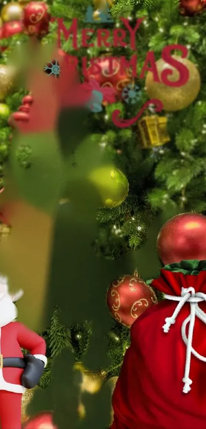 Festive Christmas tree wallpaper with Santa and ornaments.