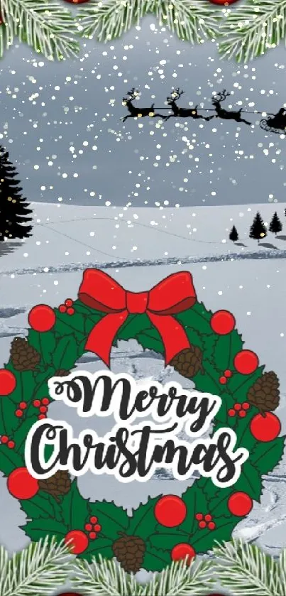 Merry Christmas wreath on snowy background wallpaper.