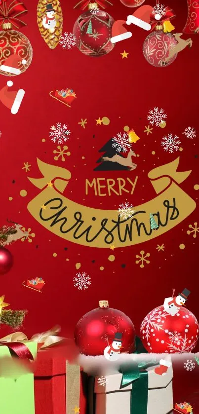 Festive Christmas wallpaper with red background and ornaments.