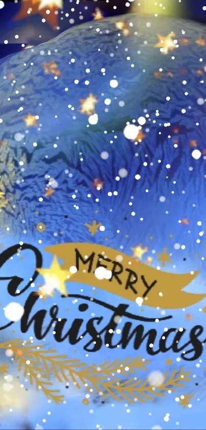 Glowing Christmas ornament with stars on snowy background.