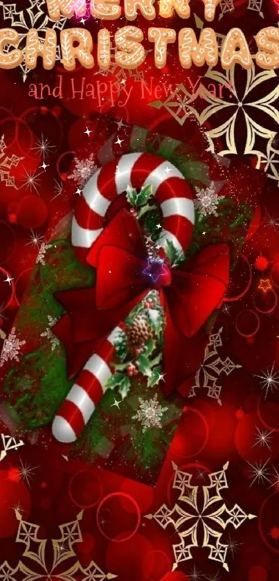 Festive red Christmas wallpaper with candy cane and designs.