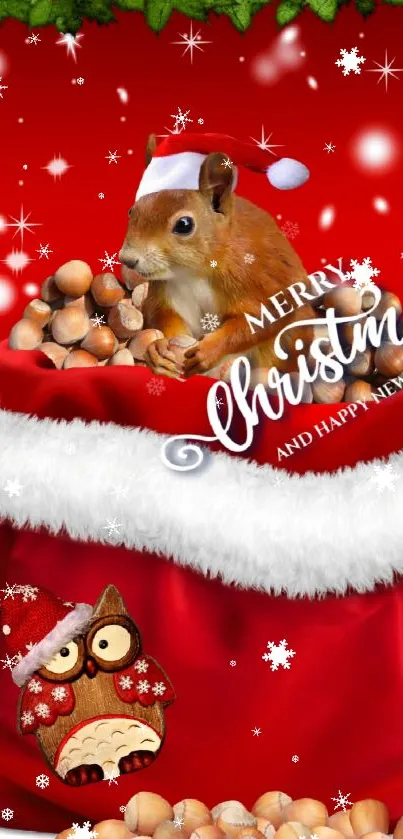 Festive Christmas wallpaper with squirrel in a Santa hat and red background.