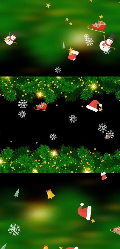 Festive green Christmas wallpaper with Santa and snowmen.