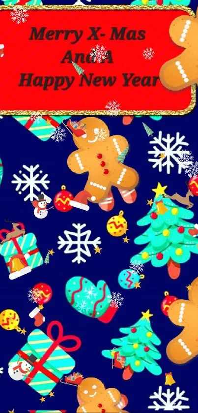 Festive Christmas wallpaper with gingerbread and holiday decorations.