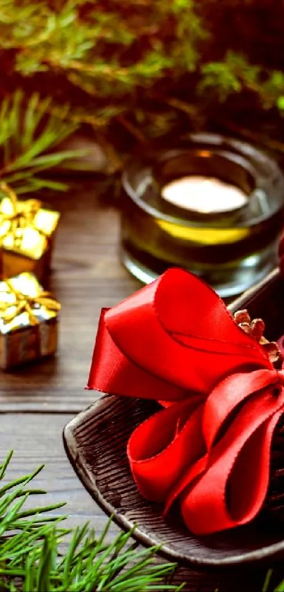 Festive Christmas wallpaper with pine branches, red bows, and gifts on a table.