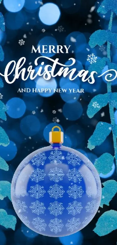 Festive Christmas wallpaper with blue decorations and holiday message.