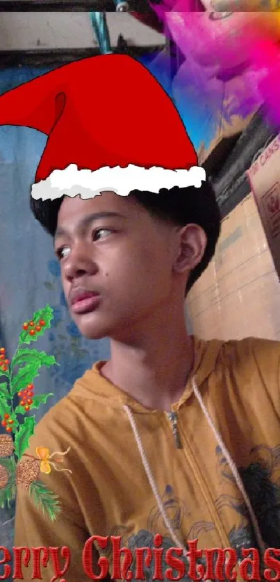 Christmas wallpaper with Santa hat and cheerful holiday message.
