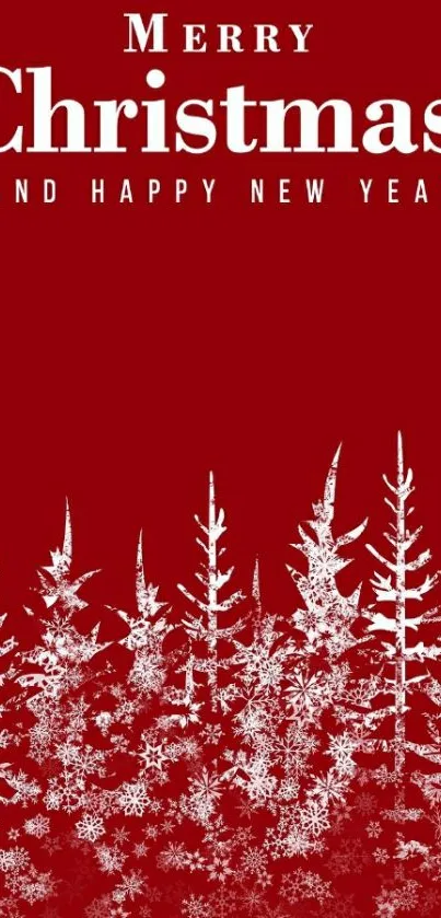 Red Christmas wallpaper with snowy trees.