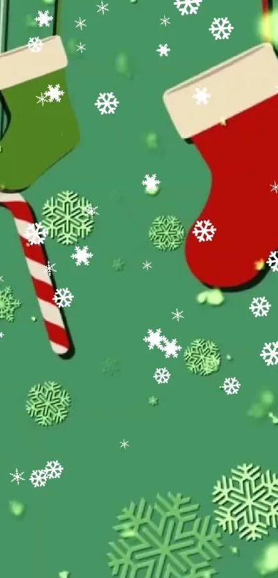 Festive Christmas wallpaper with stockings and snowflakes.