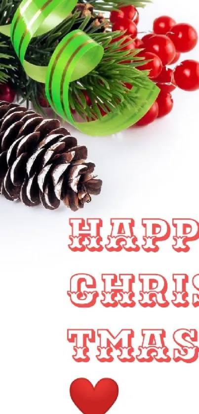 Festive Christmas wallpaper with pine cone, berries, and a holiday message.