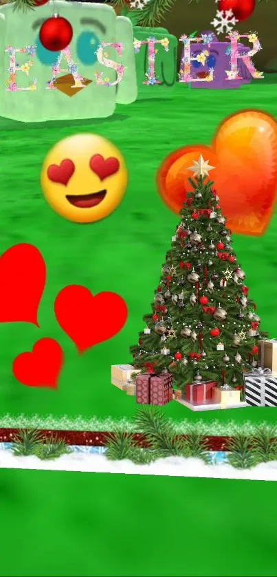 Festive Christmas wallpaper with tree, gifts, and emojis on green background.