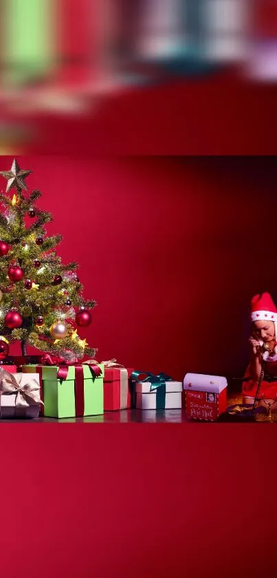 Festive Christmas tree and gifts on red backdrop.