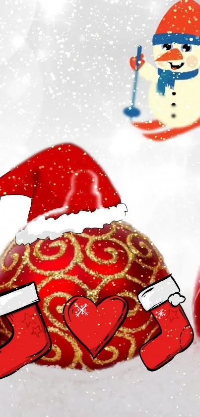 Festive red Christmas wallpaper with ornaments and snowman.