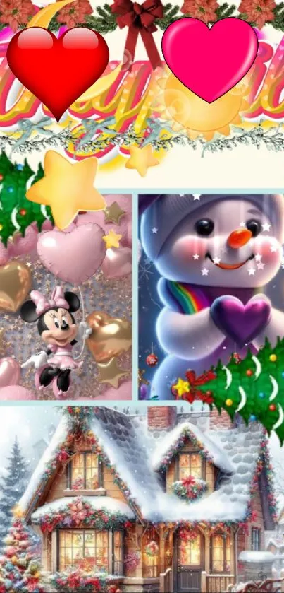 Festive Christmas wallpaper with snowman, hearts, and a snowy house.