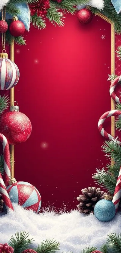 Vibrant Christmas wallpaper with red baubles and candy canes.