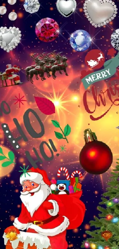 Festive phone wallpaper with Santa and Christmas tree.
