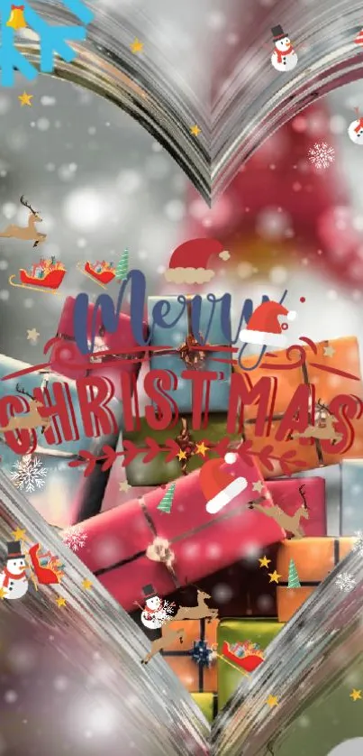 Christmas themed mobile wallpaper with gifts, snowflakes, and heart design.