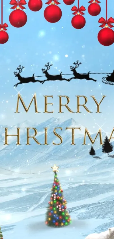 Festive Christmas wallpaper with Santa sleigh and snowy background.