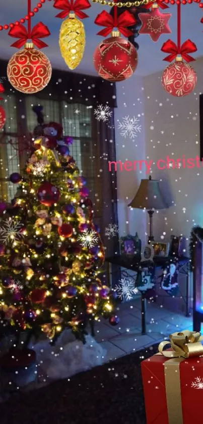 Festive Christmas wallpaper with tree and gifts.