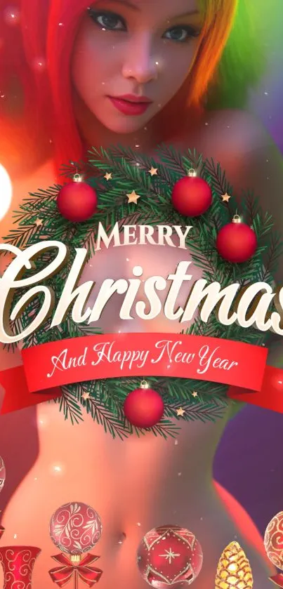 Colorful Christmas wallpaper with ornaments and festive greetings.