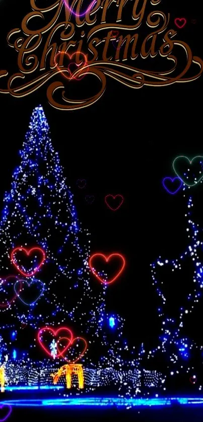 Festive Christmas tree wallpaper with glowing heart lights for mobile phones.