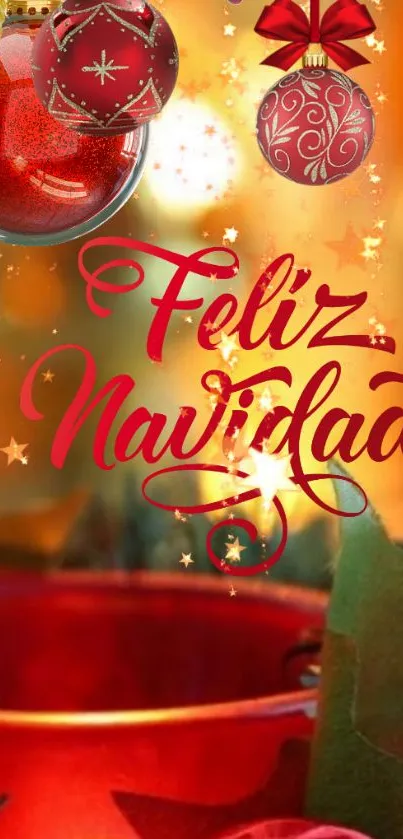 Feliz Navidad Christmas wallpaper with red ornaments and festive lights.