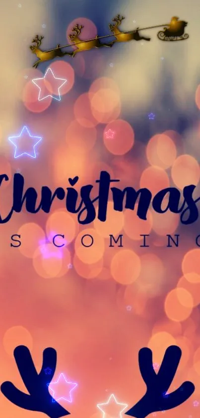Christmas wallpaper with bokeh lights, Santa's sleigh, and reindeer antlers.