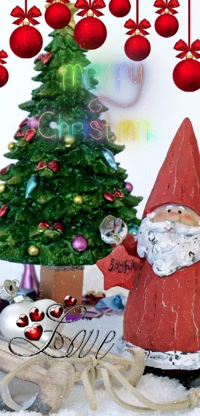 Santa with Christmas tree and ornaments snow scene phone wallpaper.