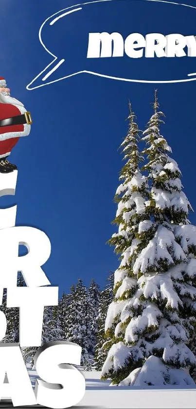 Festive Christmas wallpaper with Santa and snowy trees.