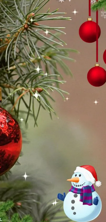 Festive phone wallpaper with red ornaments, pine, and snowman.