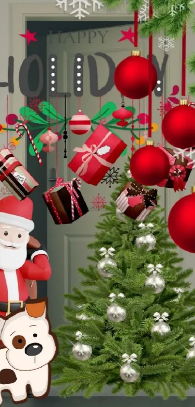 Festive Christmas scene with Santa and gifts on a phone wallpaper.