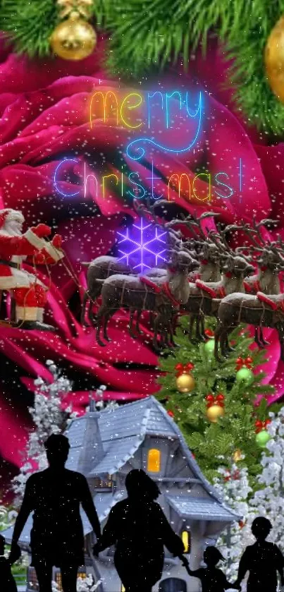 Christmas scene with Santa, reindeer, and rose background.