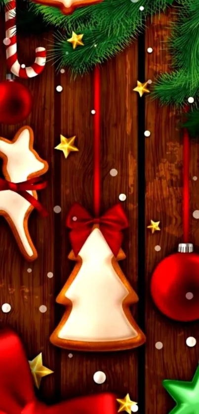 Christmas wallpaper with ornaments and cookies on wood.