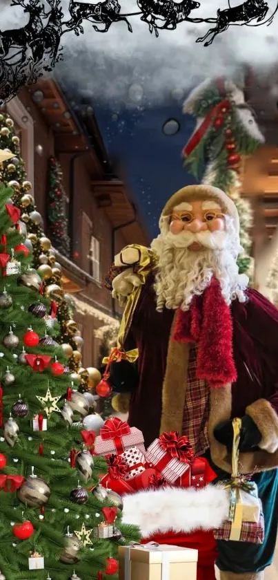 Santa Claus and a Christmas tree with gifts in a festive holiday setting.