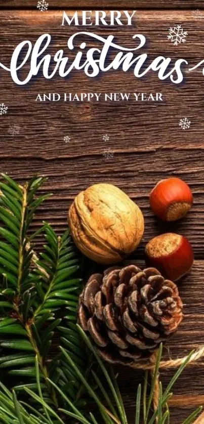 Merry Christmas wallpaper with pinecone and nuts.