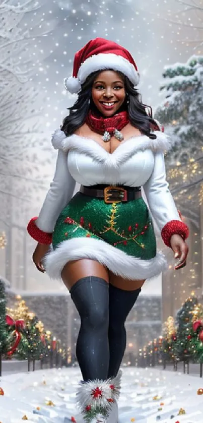 Festive woman in holiday attire walking through a snowy Christmas setting.