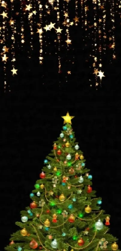 Decorated Christmas tree with stars on black background.