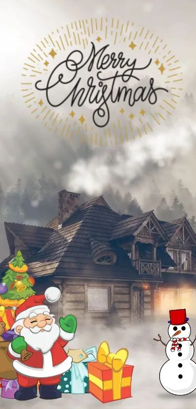 Christmas wallpaper featuring Santa, gifts, a cabin, and a snowman.