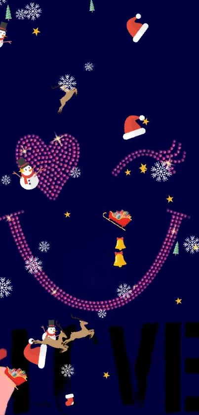 Festive Christmas wallpaper with snowmen, Santa hats, and reindeer on a dark blue background.