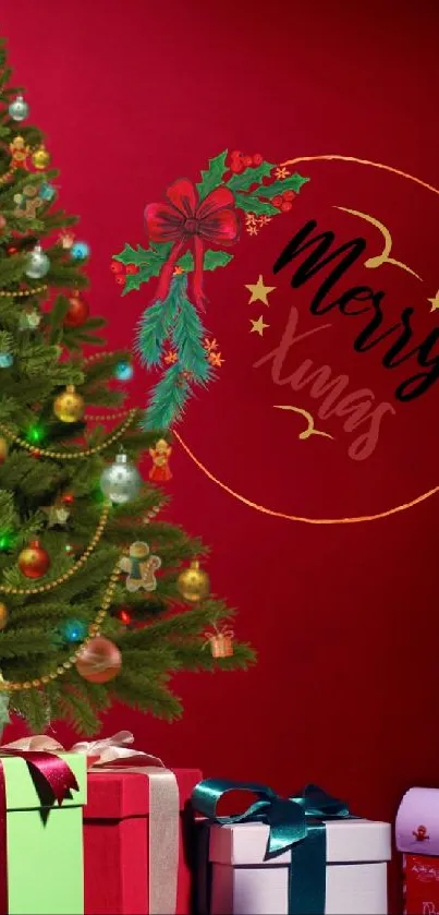 Festive Christmas wallpaper with trees and gifts set against a red background.