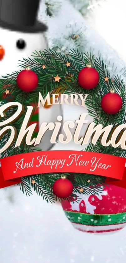 Festive Christmas wallpaper with a snowman and ornaments on a snowy background.